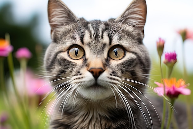 portrait en gros plan d'un chat tigré gris parmi les fleurs sur un arrière-plan flou