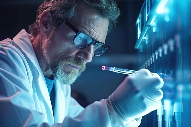 Portrait en gros plan d'un chercheur d'âge moyen portant des lunettes travaillant dans un laboratoire d'un institut de recherche Création de médicaments et de vaccins innovants