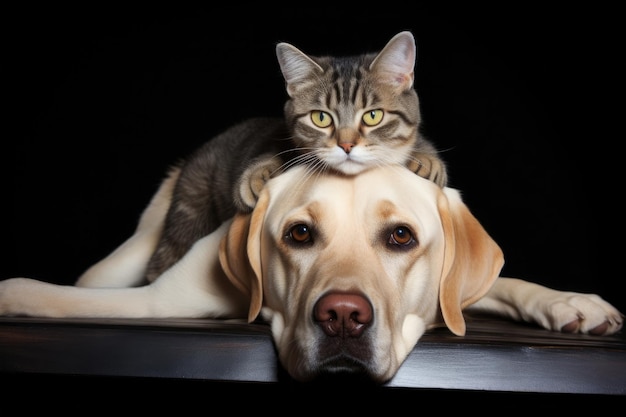 Portrait en gros plan d'un chien et d'un chat regardant la caméra devant un fond noir