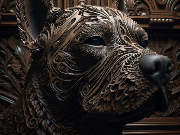 Portrait en gros plan d'un chien avec fond d'éléments de sculpture sur bois ornement oriental