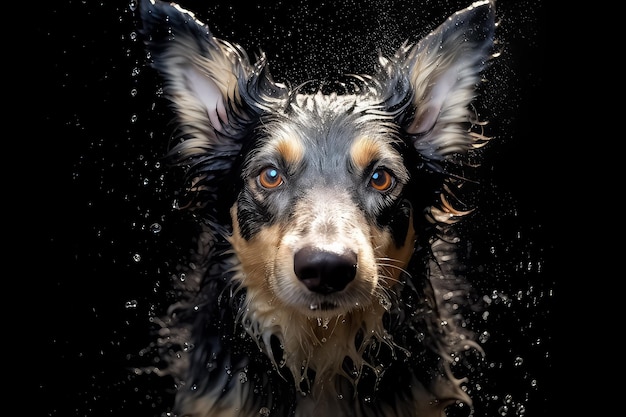 Portrait d'un gros plan de chien mouillé sur fond noir