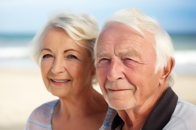 Portrait en gros plan d'un couple de personnes âgées à la plage créé avec l'IA générative