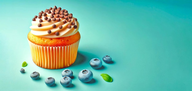 Un portrait en gros plan d'un cupcake avec des chips de chocolat saupoudrées sur le dessus et quelques bleuets autour