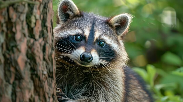 Portrait en gros plan d'un curieux raton laveur qui regarde derrière un arbre dans son habitat naturel