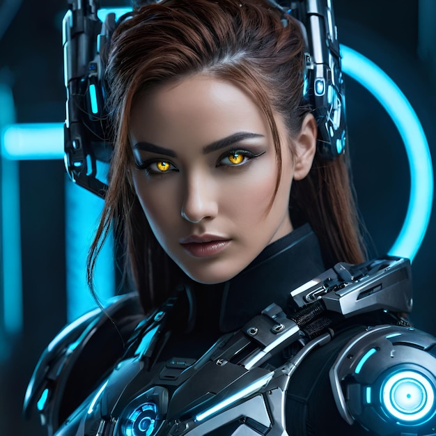 Un portrait en gros plan d'une cyborg féminine stoïque avec des yeux cybernétiques brillants et une arme sophistiquée