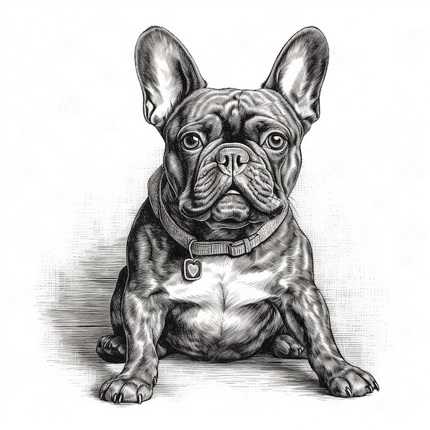 Portrait en gros plan dans le style de gravure du bulldog français dessin en noir et blanc chien de compagnie mignon