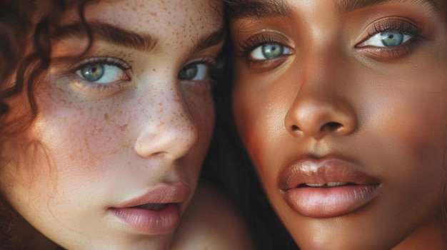 Photo portrait en gros plan de deux femmes aux yeux frappants