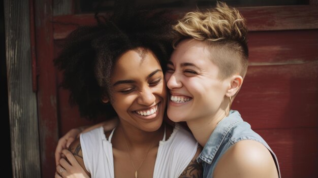 Portrait en gros plan Deux femmes LGBT jeunes amies se retrouvent en train de s'amuser et de se détendre dans une belle somme