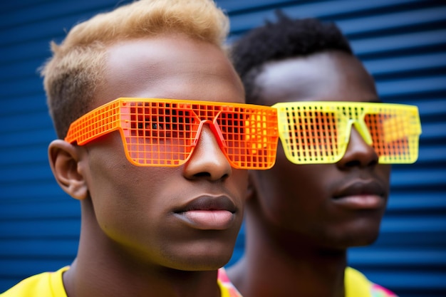 Portrait en gros plan de deux jeunes hommes afro-américains en lunettes de soleil brillantes