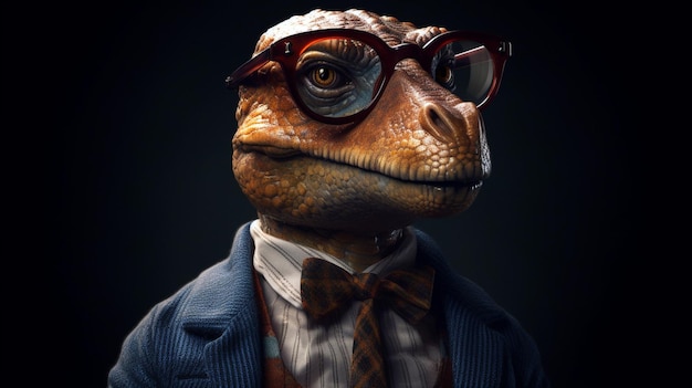Un portrait en gros plan d'un dinosaure mignon portant un costume élégant Generative AI