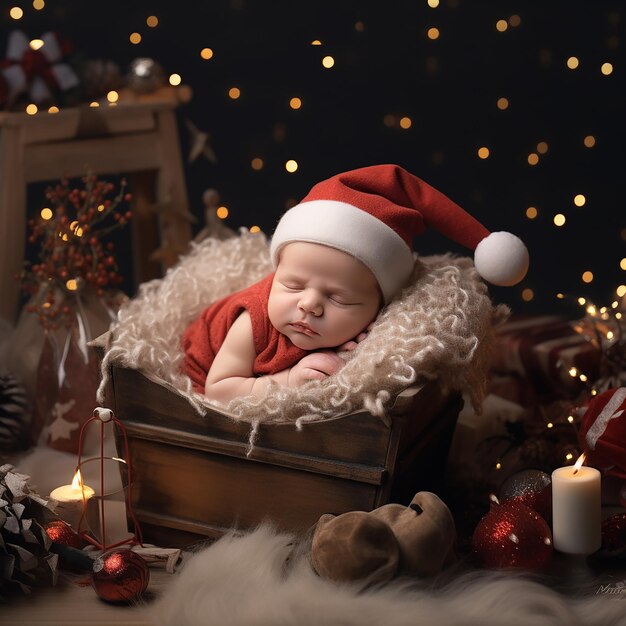 Photo portrait en gros plan d'un doux petit bébé portant un chapeau de père noël festif rouge et dormant calmement sur chr