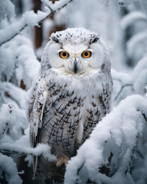 Portrait en gros plan du corps complet d'un oiseau de proie blanc, un hibou enneigé assis sur une branche d'arbre dans la neige recouverte de forêt