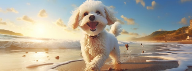 Un portrait en gros plan du lever du soleil montre un chien sur une plage accueillante pour les animaux de compagnie incarnant la joie des vacances d'été aux côtés de ses animaux de compagnie bien-aimés