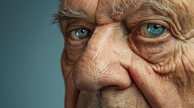 Photo portrait en gros plan du visage d'un homme âgé l'homme a des yeux bleus profonds un front ridé et un long nez