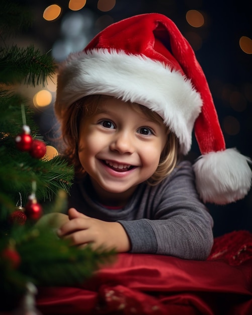 Un portrait en gros plan d'un enfant assis devant un arbre de noël image de noël illustration photoréaliste