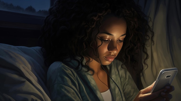 Portrait en gros plan d'une femme afro-américaine regardant son téléphone au lit
