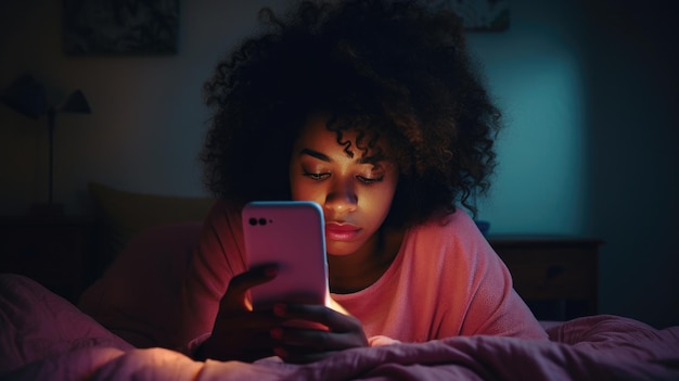 Portrait en gros plan d'une femme afro-américaine regardant son téléphone au lit