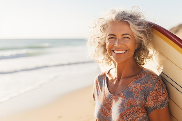 Portrait en gros plan d'une femme d'âge moyen souriante debout sur la plage avec une planche de surf Concept de style de vie sain