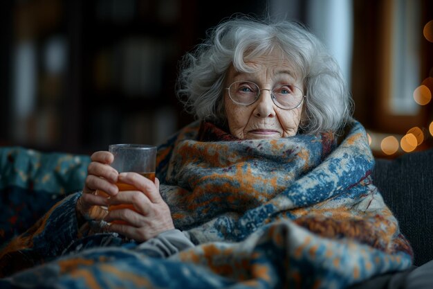 Photo portrait en gros plan d'une femme âgée malade avec une tasse de thé à la maison