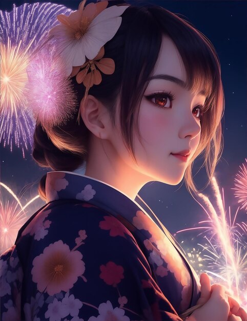 Photo un portrait en gros plan d'une femme d'anime portant un kimono élégant lors d'un festival de feux d'artifice