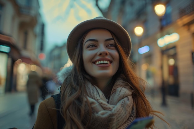 Portrait en gros plan d'une femme attrayante avec un téléphone portable détournant le regard et riant dans la rue de la ville