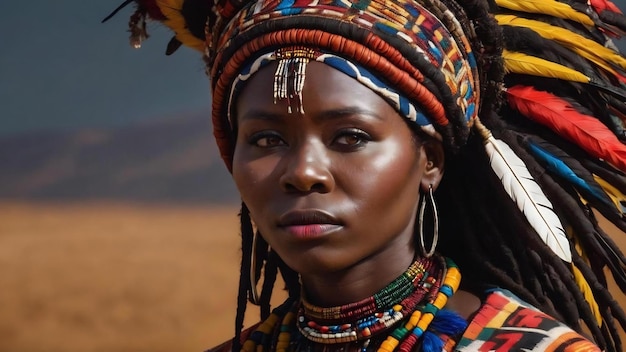 Portrait en gros plan d'une femme chamane africaine d'une tribu autochtone africaine portant des vêtements traditionnels