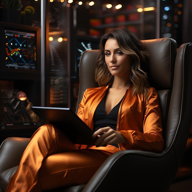 Portrait en gros plan d'une femme élégante de 35 ans UX Designer utilisant un commerçant d'écran hologramme de haute technologie