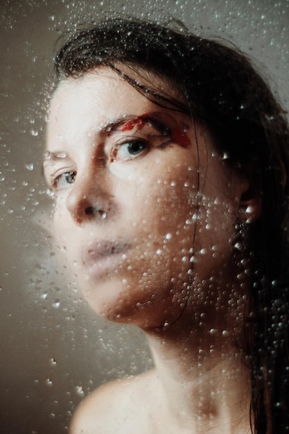 Portrait en gros plan d'une femme mouillée sous la pluie