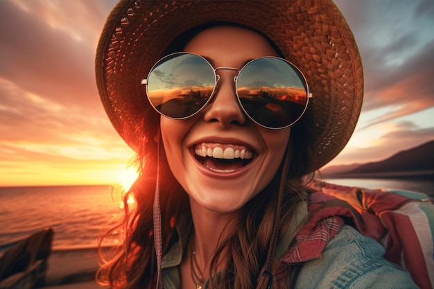 Portrait en gros plan d'une femme prenant un selfie au coucher du soleil portant une casquette d'été et des lunettes de soleil rondes