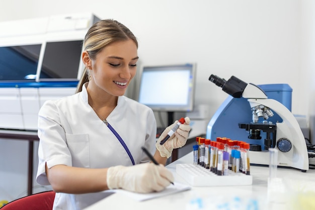 Portrait en gros plan d'une femme scientifique travaillant en laboratoire Chercheuse assise au bureau regardant à travers un microscope un échantillon de test sanguin et chimique et prenant des notes dans le presse-papiers Travail de biochimie