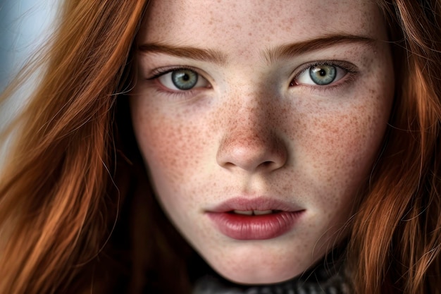 Portrait en gros plan d'une fille aux cheveux roux et aux taches de rousseur