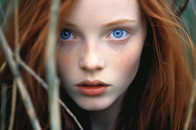 Portrait en gros plan d'une fille aux cheveux roux et aux yeux bleus