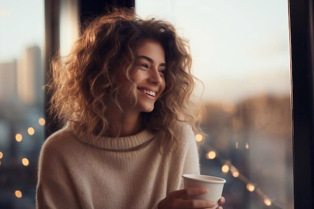 Portrait en gros plan d'une fille brunette en train de rire dans un pull beige buvant du café sur le fond de la ville Lov