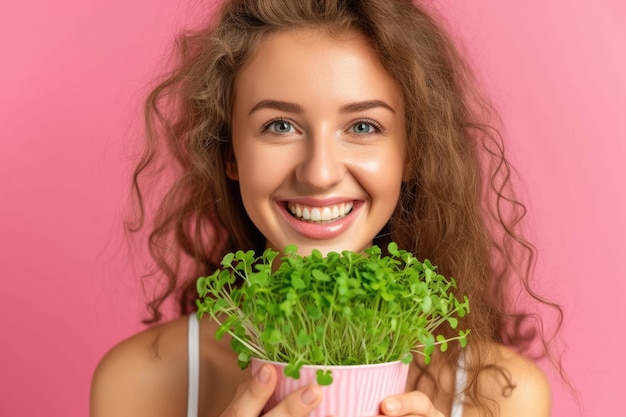 Portrait en gros plan d'une fille heureuse et souriante tenant de petits micro-verts verts