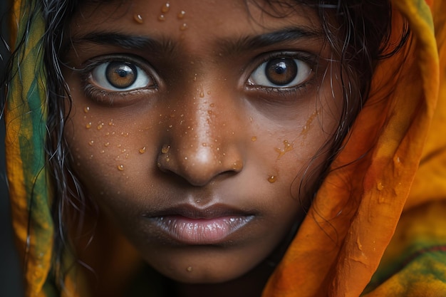 Photo portrait en gros plan d'une fille indienne avec son foulard vivant dans les bidonvilles de mumbai