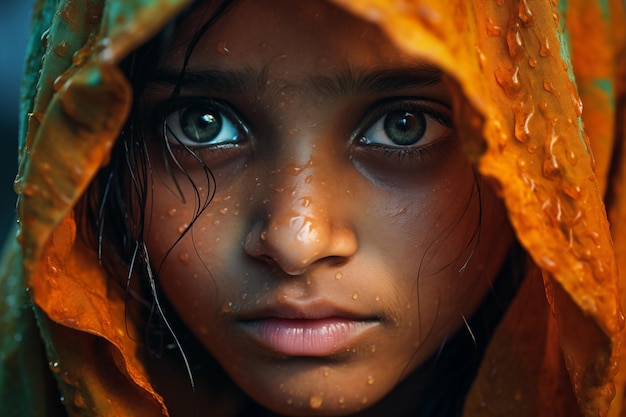 Photo portrait en gros plan d'une fille indienne avec son foulard vivant dans les bidonvilles de mumbai
