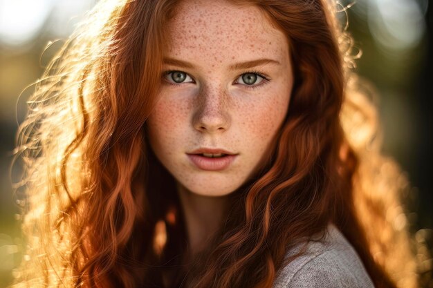 Portrait en gros plan d'une fille rousse avec des taches de rousseur