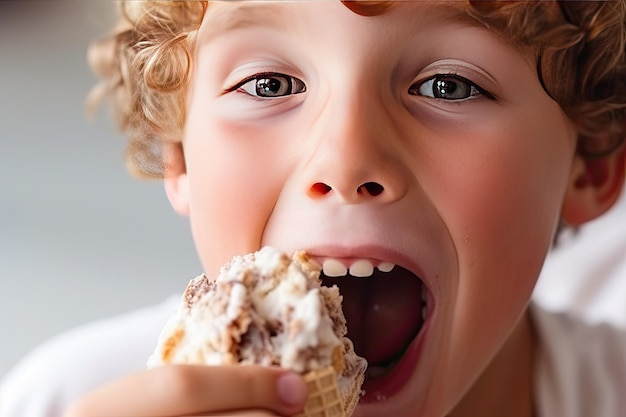 Portrait en gros plan d'un garçon mangeant de la crème glacée dans un cône de gaufres et riant joyeusement La crème glace a taché le visage heureux de l'enfant