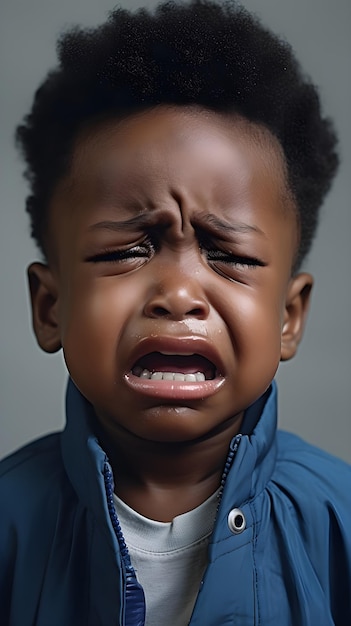 Portrait en gros plan d'un garçon noir pleurant sur un fond blanc avec de l'espace pour le texte