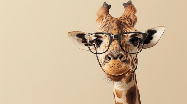 Portrait en gros plan d'une girafe drôle portant des lunettes noires regardant la caméra avec une expression curieuse sur son visage sur un fond beige