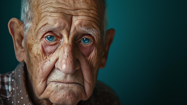 Portrait en gros plan d'un homme âgé au visage altéré et aux yeux bleus brillants. Il regarde la caméra avec une expression sérieuse.