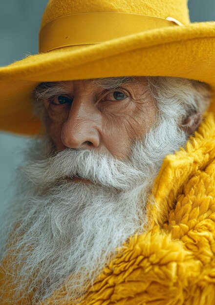 Portrait en gros plan d'un homme âgé avec une barbe blanche et un chapeau jaune