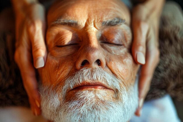 Portrait en gros plan d'un homme âgé recevant un massage du visage