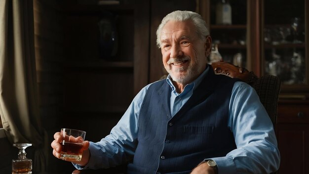 Portrait en gros plan d'un homme à l'ancienne souriant assis sur une chaise