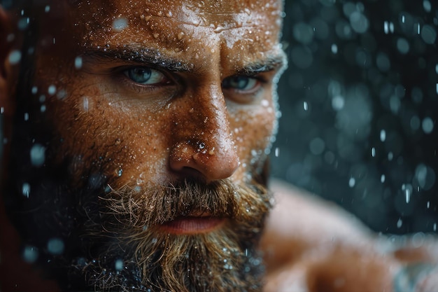 Portrait en gros plan d'un homme barbu brutal avec les cheveux mouillés sous la pluie