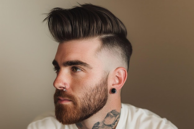 Photo portrait en gros plan d'un homme barbu avec une coiffure à la mode et des piercings à l'oreille montrant des tatouages