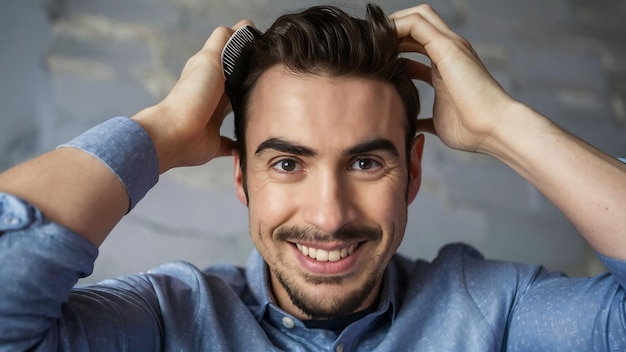 Portrait en gros plan d'un homme souriant se peignant les cheveux