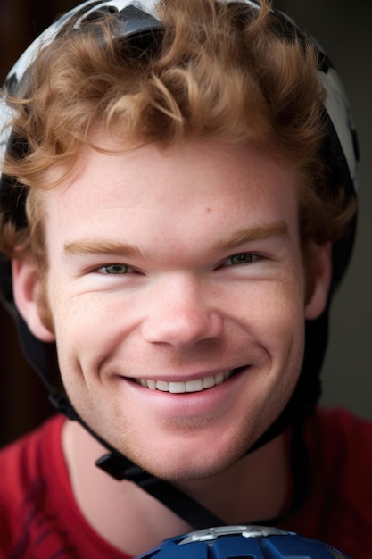 Portrait en gros plan d'un homme tenant son casque de vélo et souriant vivement créé avec l'IA générative