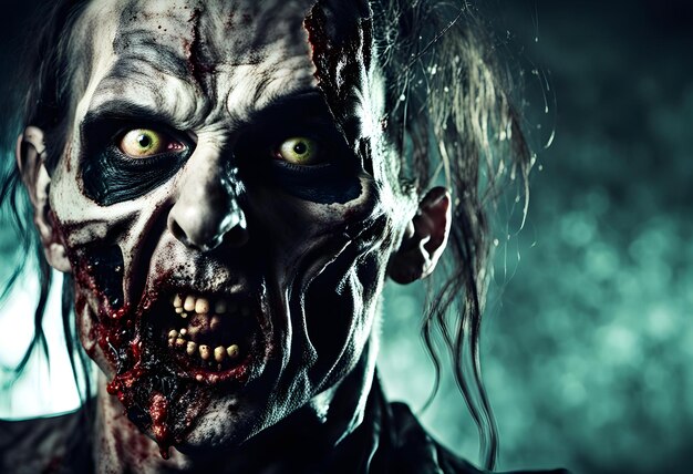 Photo portrait en gros plan d'un horrible homme zombie effrayant