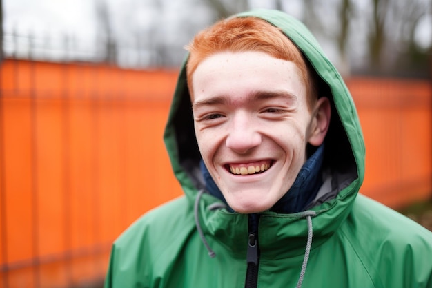 Portrait en gros plan d'un jeune athlète handicapé souriant, debout à l'extérieur, créé avec une IA générative